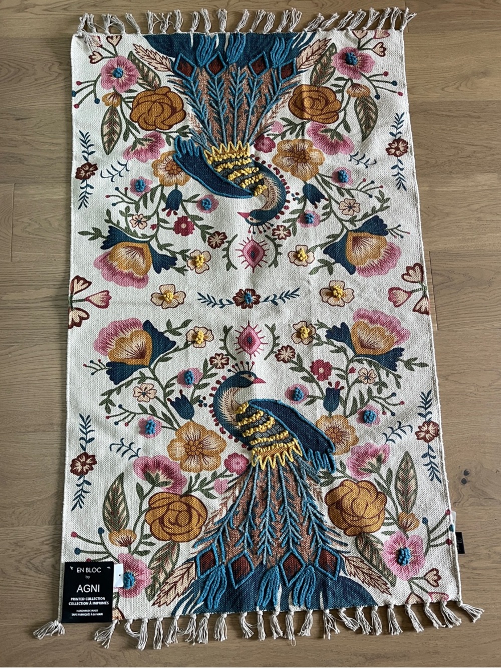 AGNI Blue & Cream Embroidered Peacock Door Mat